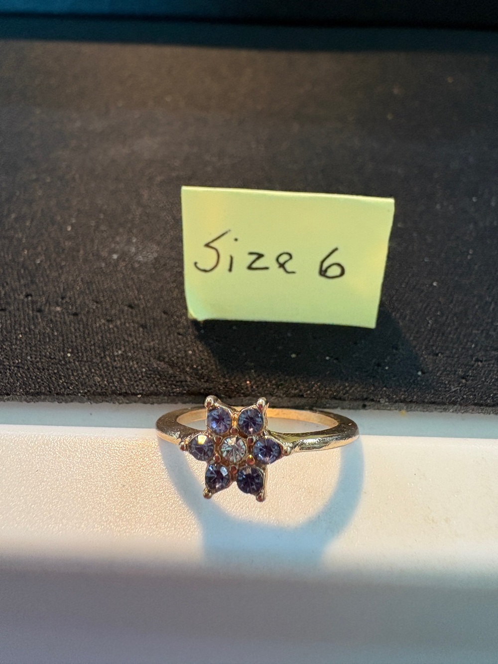 Gold Tone Floral Cluster Ring with Purple Stones - Size 6
